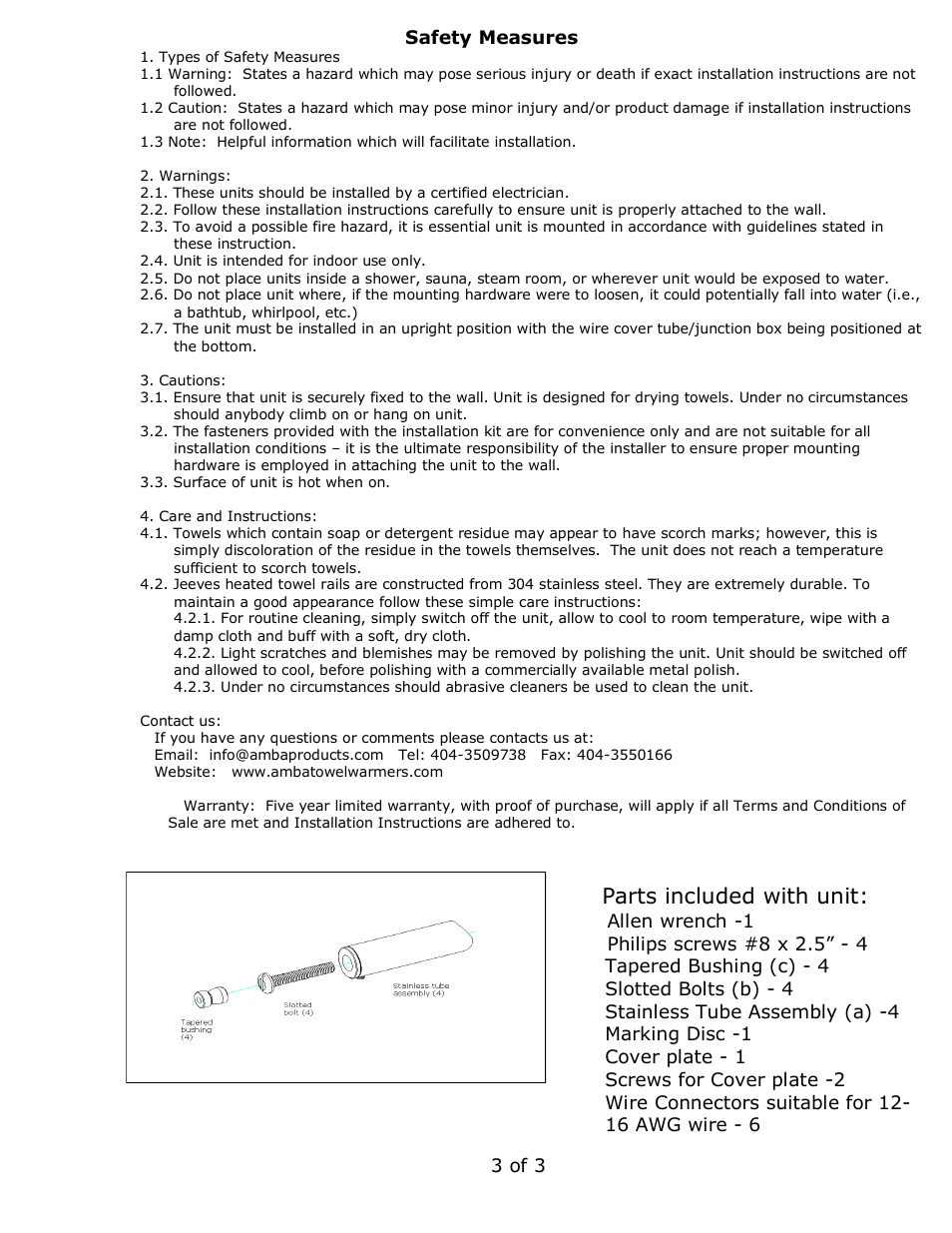 Parts included with unit | Amba Towel Warmers M Straight User Manual | Page 3 / 3