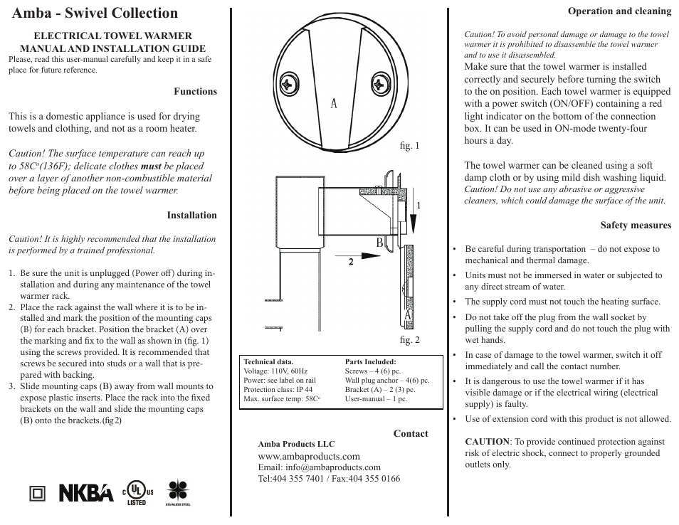 Amba Towel Warmers Jill B004 User Manual | 1 page