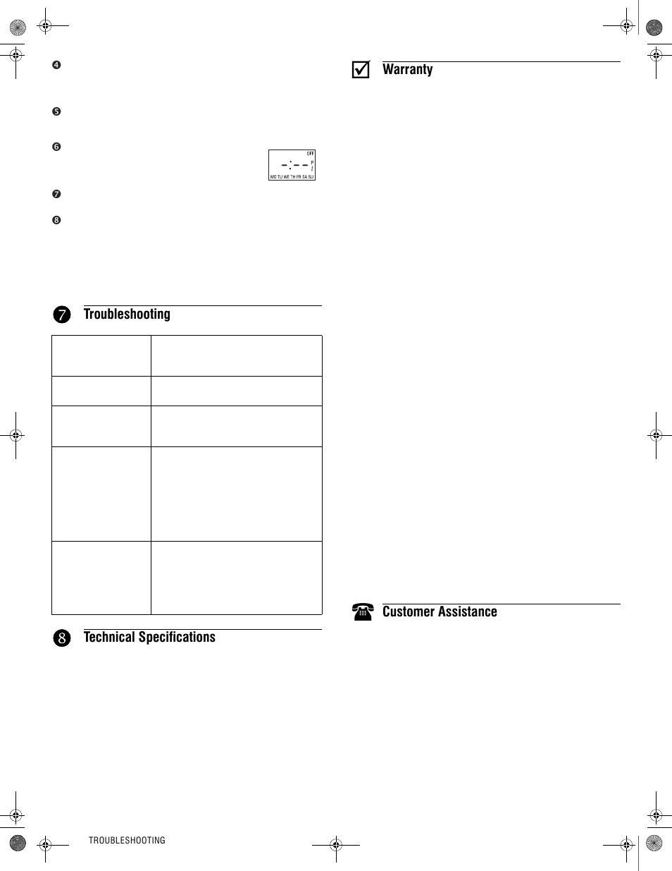 Troubleshooting, Technical specifications, Warranty | Customer assistance | Amba Towel Warmers Programmable Timer (Hardwired) User Manual | Page 2 / 6