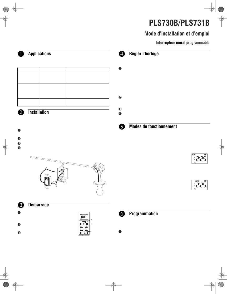 Mode d’installation et d’emploi, Applications, Installation | Démarrage, Régler l’horloge, Modes de fonctionnement, Programmation | Amba Towel Warmers Programmable Timer (Hardwired) User Manual | Page 3 / 6