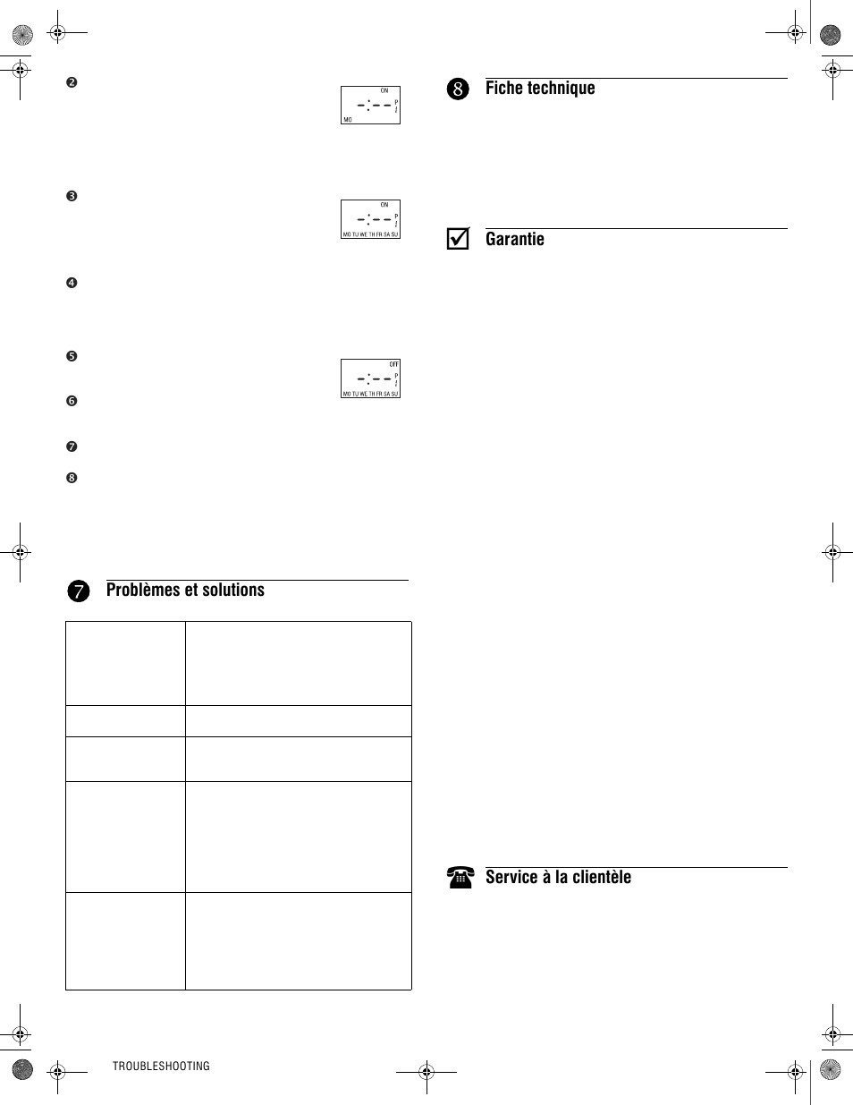 Problèmes et solutions, Fiche technique, Garantie | Service à la clientèle | Amba Towel Warmers Programmable Timer (Hardwired) User Manual | Page 4 / 6