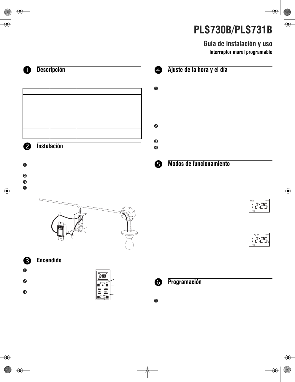 Guía de instalación y uso, Descripción, Instalación | Encendido, Ajuste de la hora y el día, Modos de funcionamiento, Programación | Amba Towel Warmers Programmable Timer (Hardwired) User Manual | Page 5 / 6