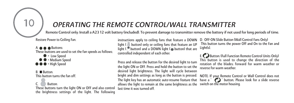 Operating the remote control/wall transmitter | Minka Group F582-ORB User Manual | Page 20 / 26