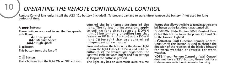 Operating the remote control/wall control | Minka Group F539-BN User Manual | Page 18 / 24