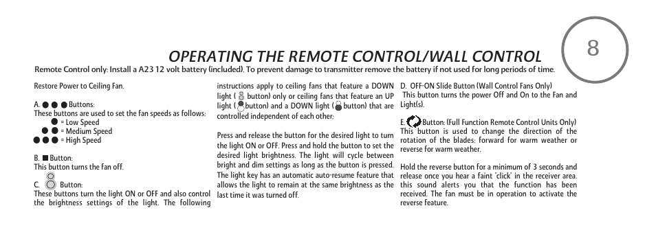 Operating the remote control/wall control | Minka Group F518-ORB User Manual | Page 17 / 22