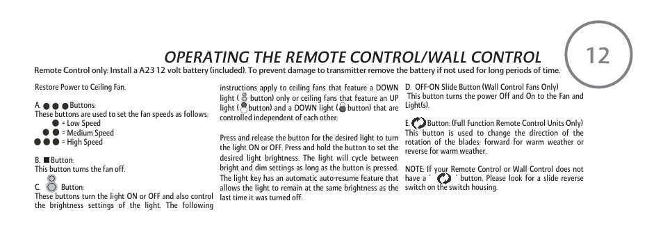 Operating the remote control/wall control | Minka Group F620-DBB User Manual | Page 21 / 27