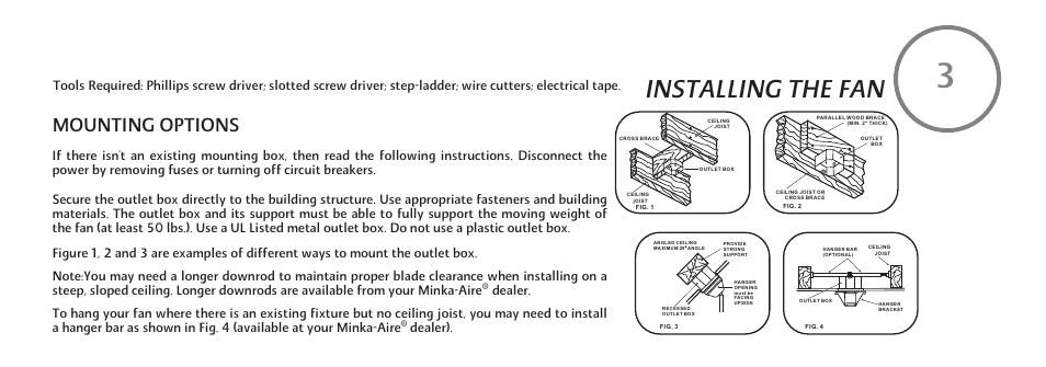 P8-e, Installing the fan, Mounting options | Dealer) | Minka Group F614-PW User Manual | Page 9 / 23