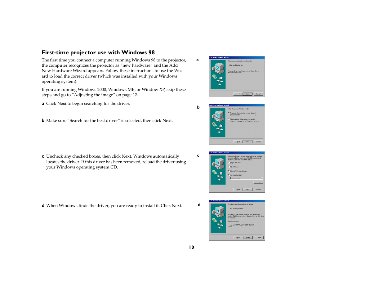 First-time projector use with windows 98 | Ask Proxima C410/C420 User Manual | Page 12 / 50