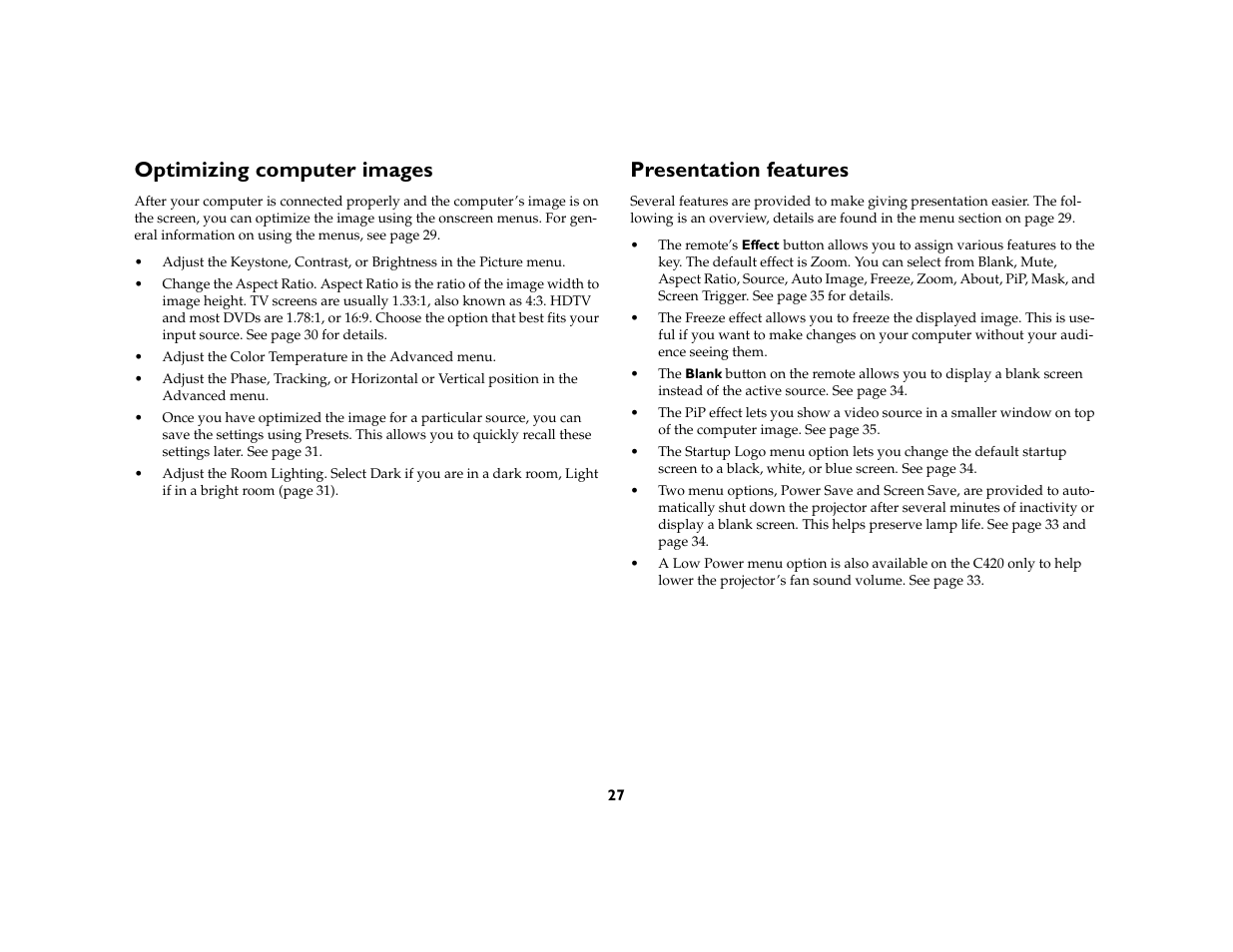 Optimizing computer images, Presentation features | Ask Proxima C410/C420 User Manual | Page 29 / 50