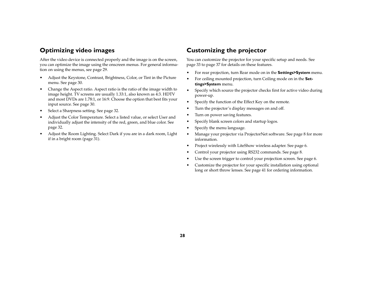 Optimizing video images, Customizing the projector | Ask Proxima C410/C420 User Manual | Page 30 / 50