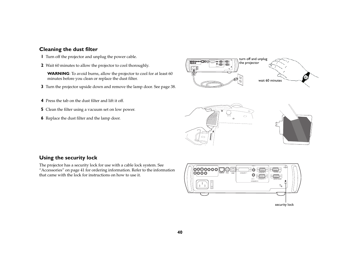 Cleaning the dust filter, Using the security lock | Ask Proxima C410/C420 User Manual | Page 42 / 50