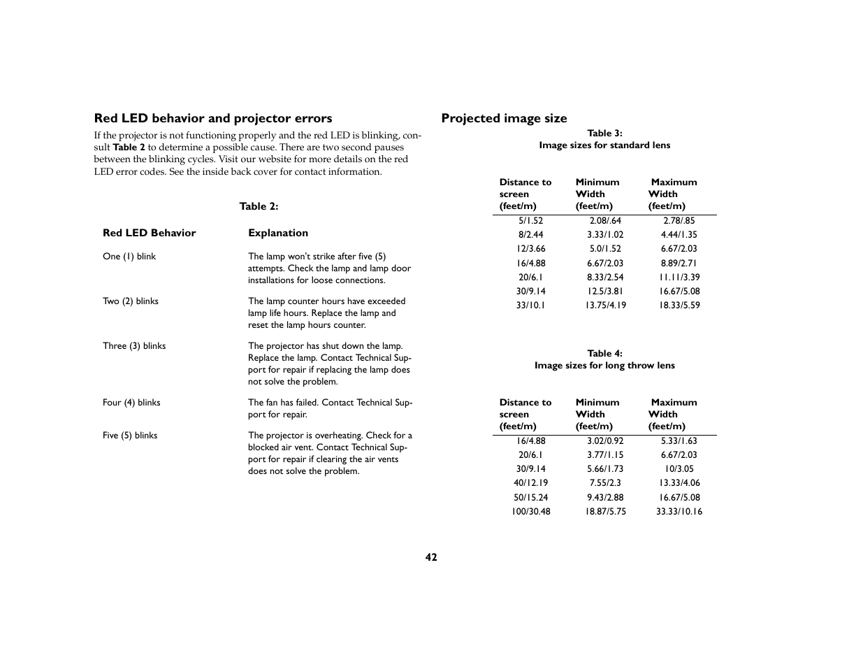 Red led behavior and projector errors, Projected image size | Ask Proxima C410/C420 User Manual | Page 44 / 50