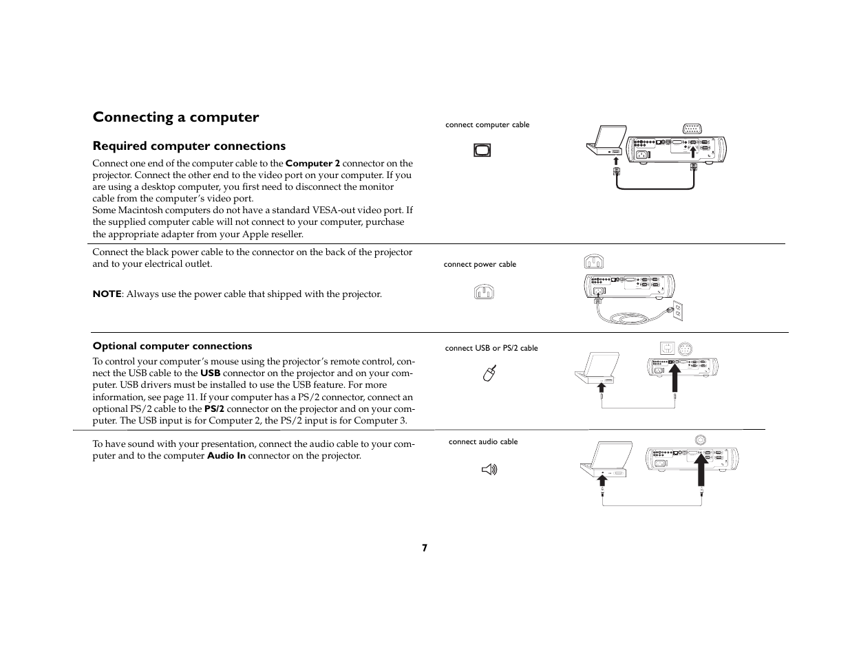 Connecting a computer, Required computer connections | Ask Proxima C410/C420 User Manual | Page 9 / 50