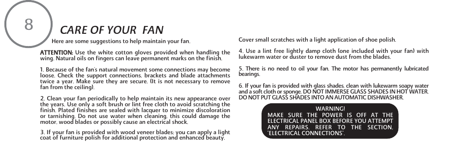 Care of your fan | Minka Group F823-SL User Manual | Page 20 / 24
