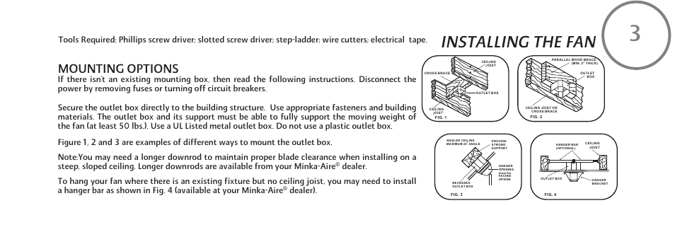 Installing the fan, Mounting options, Dealer) | Minka Group F823-SL User Manual | Page 9 / 24