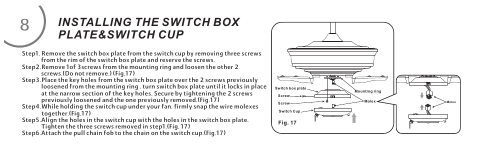 页 16, Installing the switch box plate&switch cup | Minka Group F695-CC User Manual | Page 16 / 23