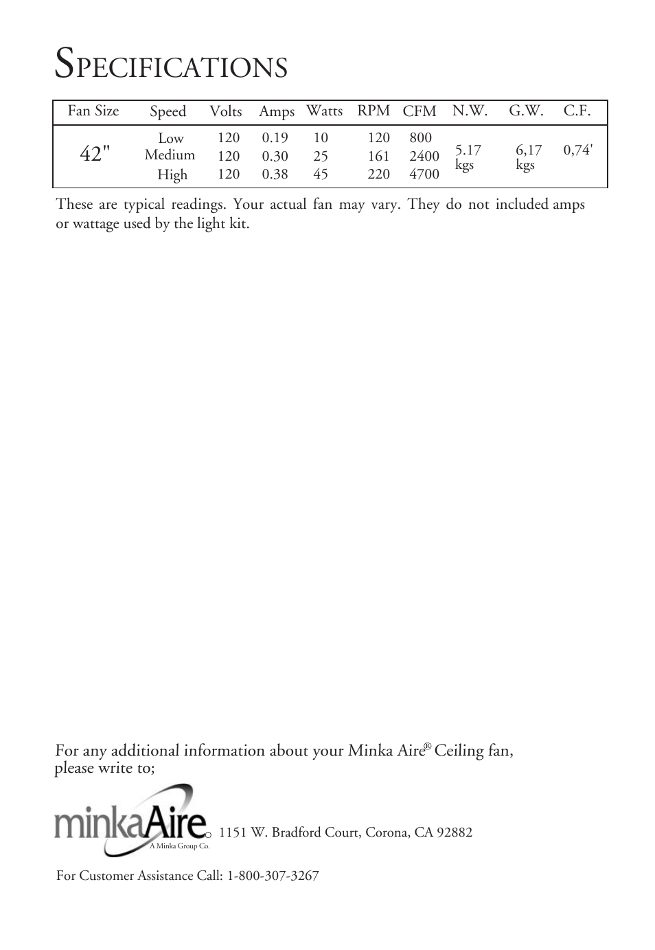 Pecifications | Minka Group F566-WH User Manual | Page 12 / 12