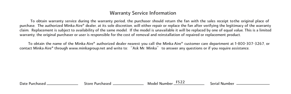 Warranty service information | Minka Group F522-ORB User Manual | Page 4 / 26