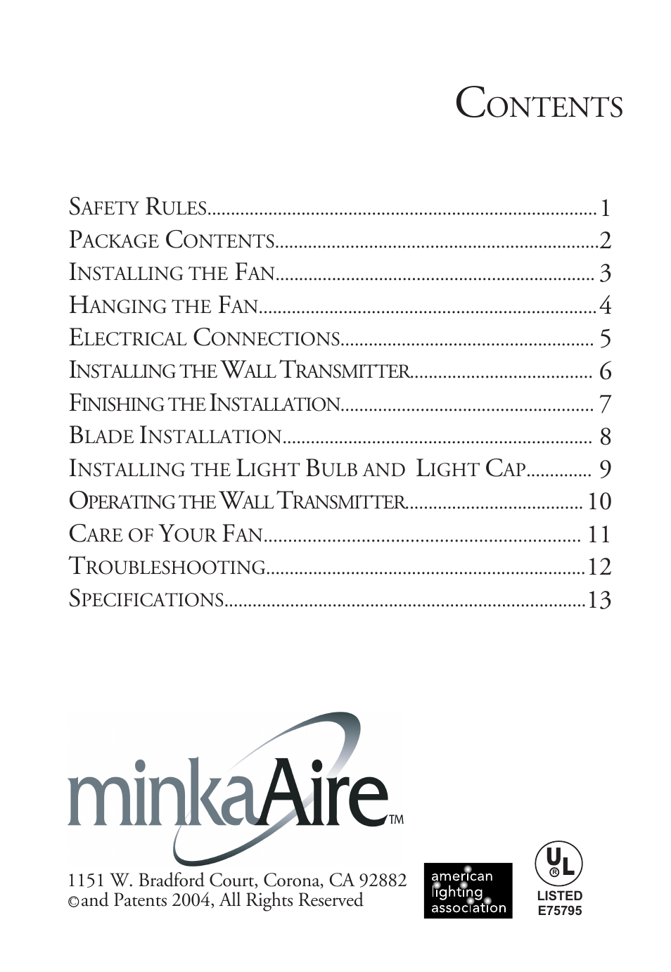 Ontents | Minka Group F581-ORB User Manual | Page 2 / 14