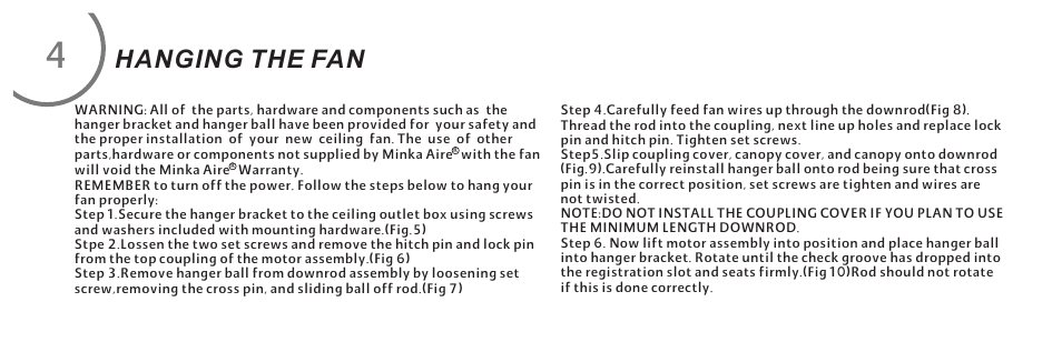页 10, Hanging the fan | Minka Group F659-FB User Manual | Page 10 / 24