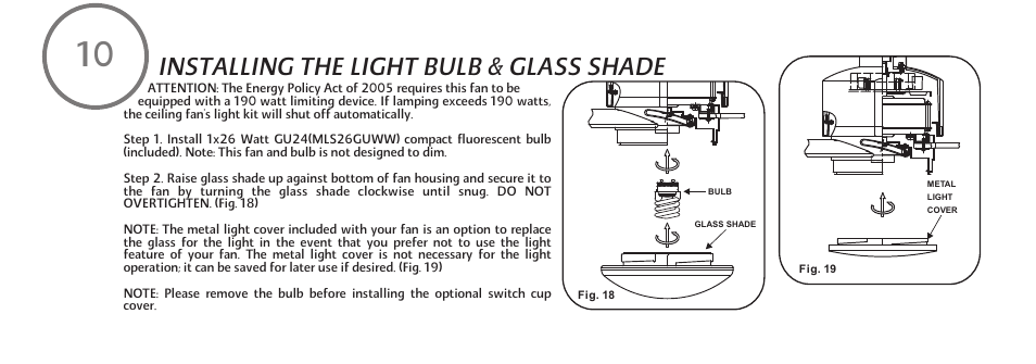 Installing the light bulb & glass shade | Minka Group F889-BNW User Manual | Page 18 / 26