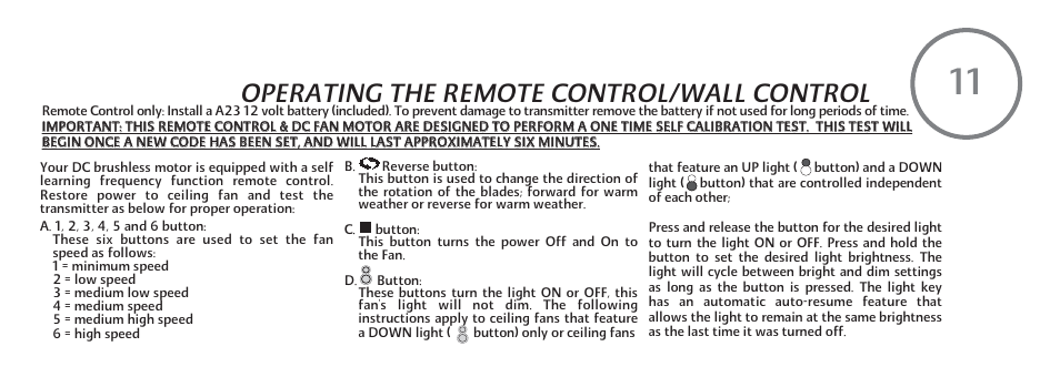 Operating the remote control/wall control | Minka Group F889-BNW User Manual | Page 19 / 26