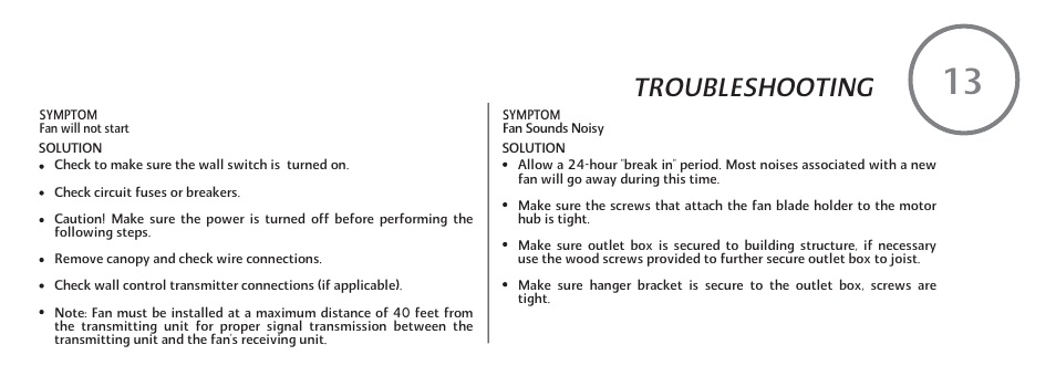 Troubleshooting | Minka Group F889-BNW User Manual | Page 23 / 26