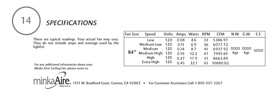 Specifications | Minka Group F889-BNW User Manual | Page 26 / 26