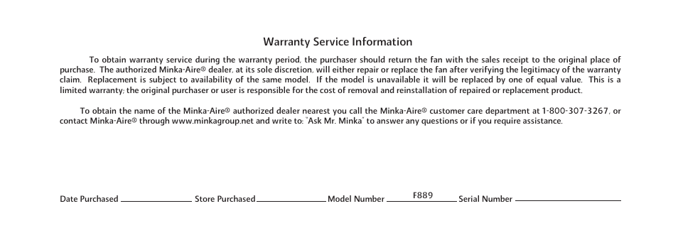 Warranty service information | Minka Group F889-BNW User Manual | Page 4 / 26