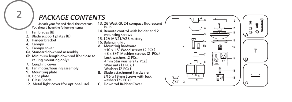 Package contents | Minka Group F889-BNW User Manual | Page 8 / 26