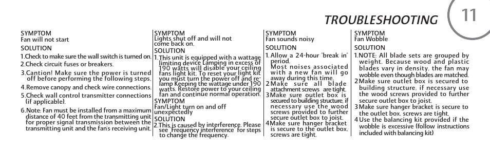 Troubleshooting | Minka Group F733-WH User Manual | Page 21 / 24