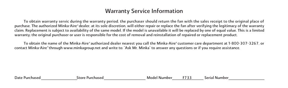 Warranty service information | Minka Group F733-WH User Manual | Page 4 / 24