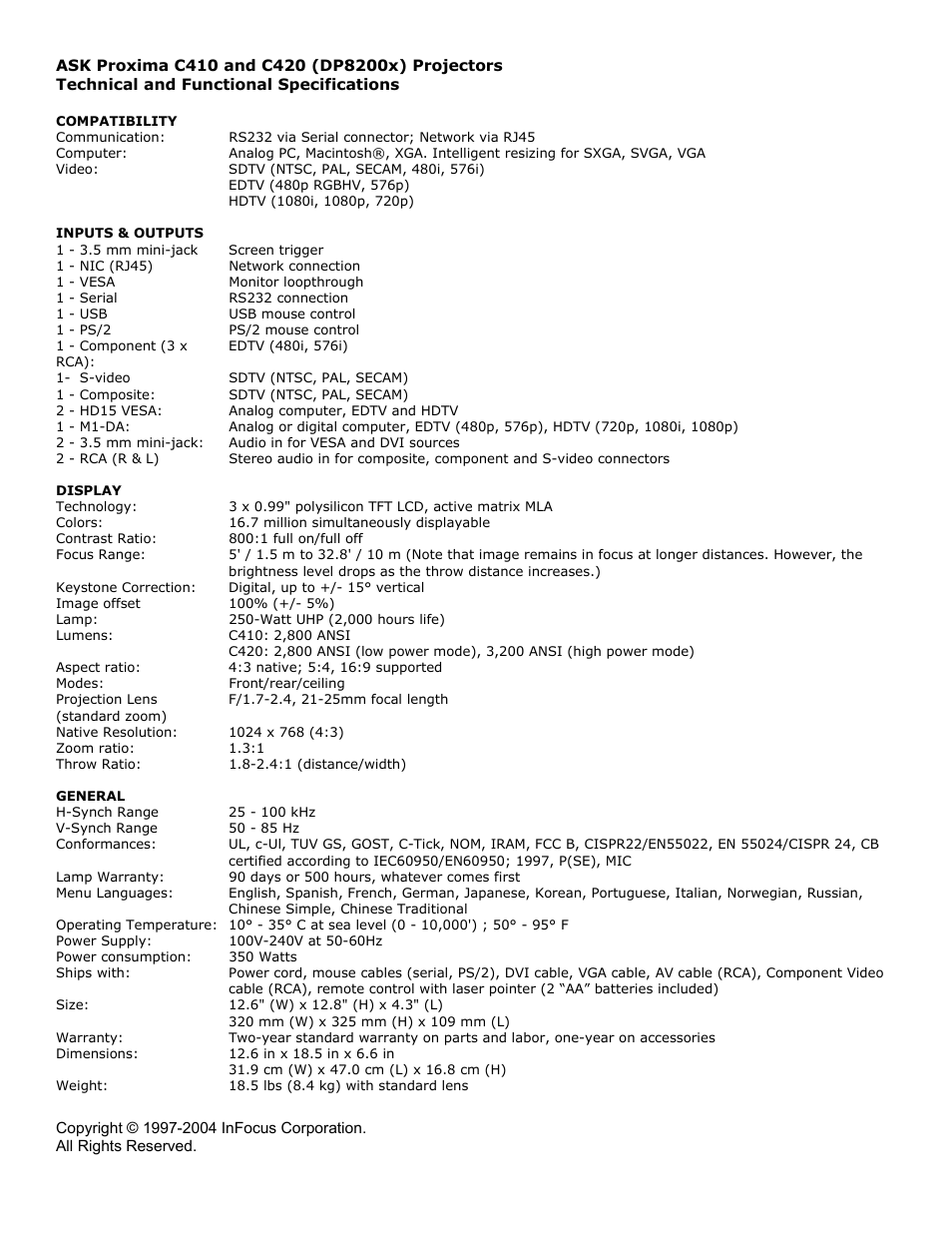 Ask Proxima C420 (DP8200X) User Manual | 1 page