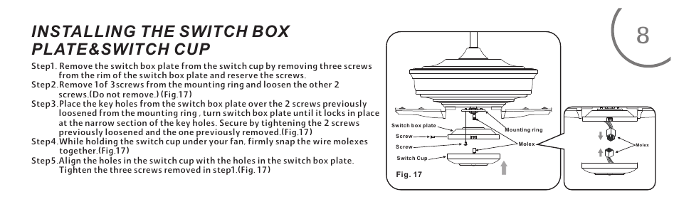 页 17, Installing the switch box plate&switch cup | Minka Group F696-WH User Manual | Page 17 / 24