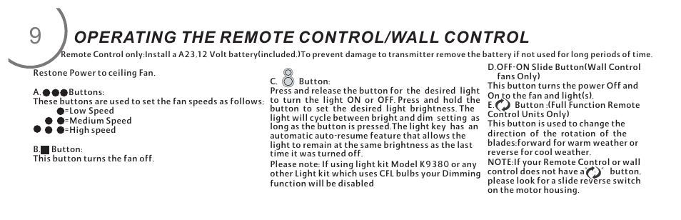 页 18, Operating the remote control/wall control | Minka Group F696-WH User Manual | Page 18 / 24
