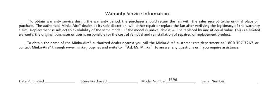 Warranty service information | Minka Group F696-WH User Manual | Page 4 / 24