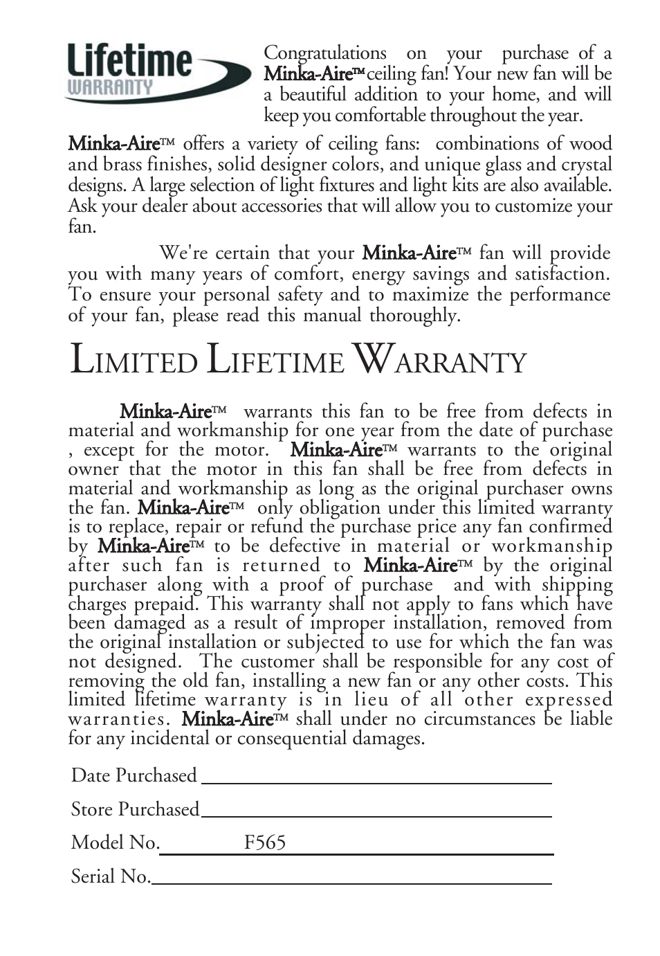 Imited, Ifetime, Arranty | Minka Group F565-WH User Manual | Page 3 / 13