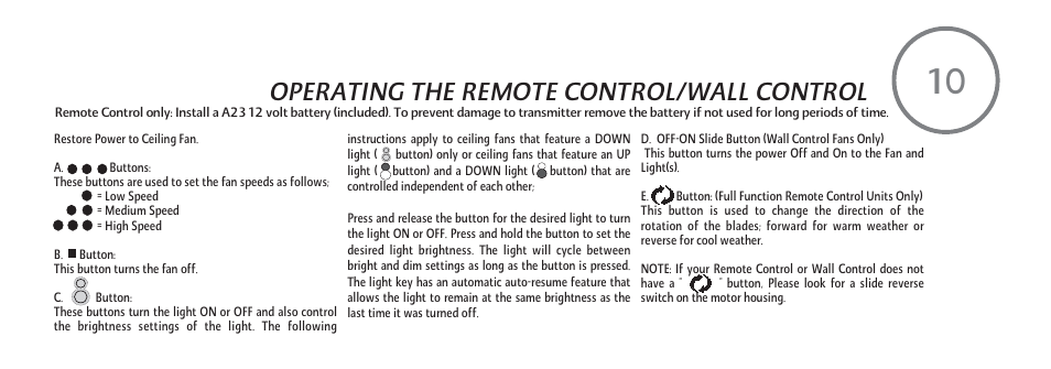 Operating the remote control/wall control | Minka Group F734-GL User Manual | Page 19 / 25