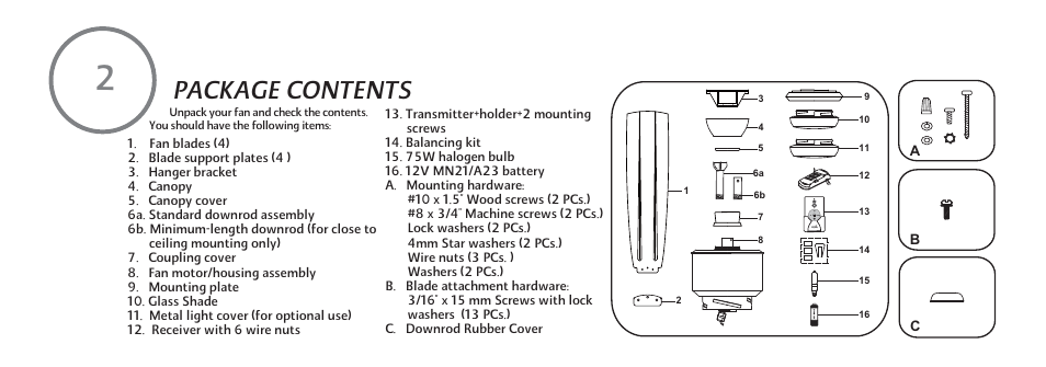 Package contents | Minka Group F734-GL User Manual | Page 8 / 25