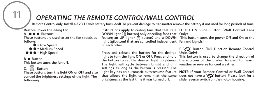 F594-e-p11, Operating the remote control/wall control | Minka Group F594-ORB User Manual | Page 18 / 23