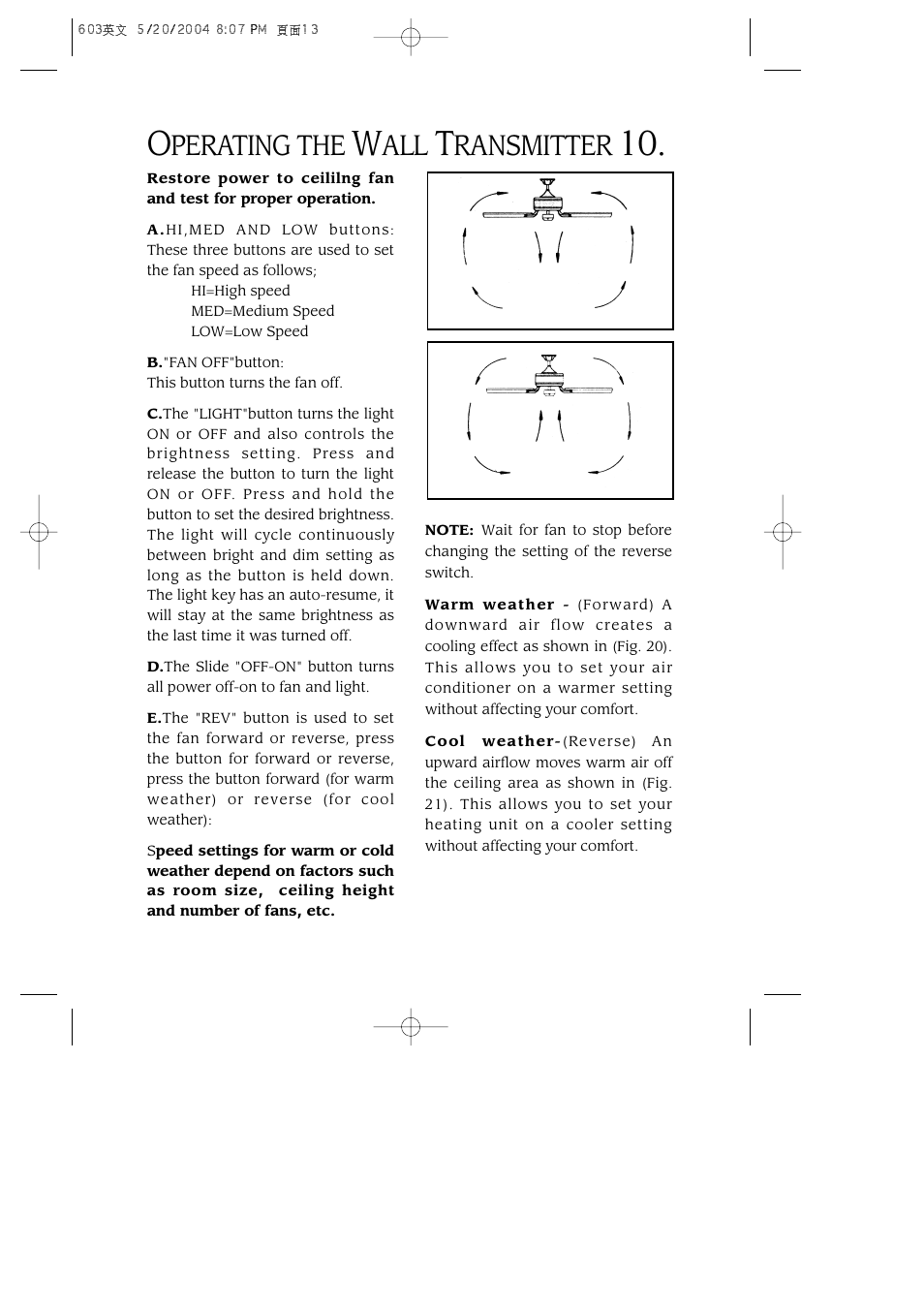 Perating the, Ransmitter | Minka Group F603-BN User Manual | Page 12 / 15