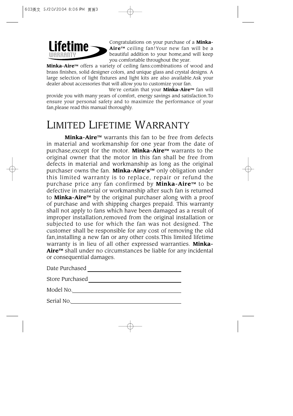 Imited, Ifetime, Arranty | Minka Group F603-BN User Manual | Page 2 / 15
