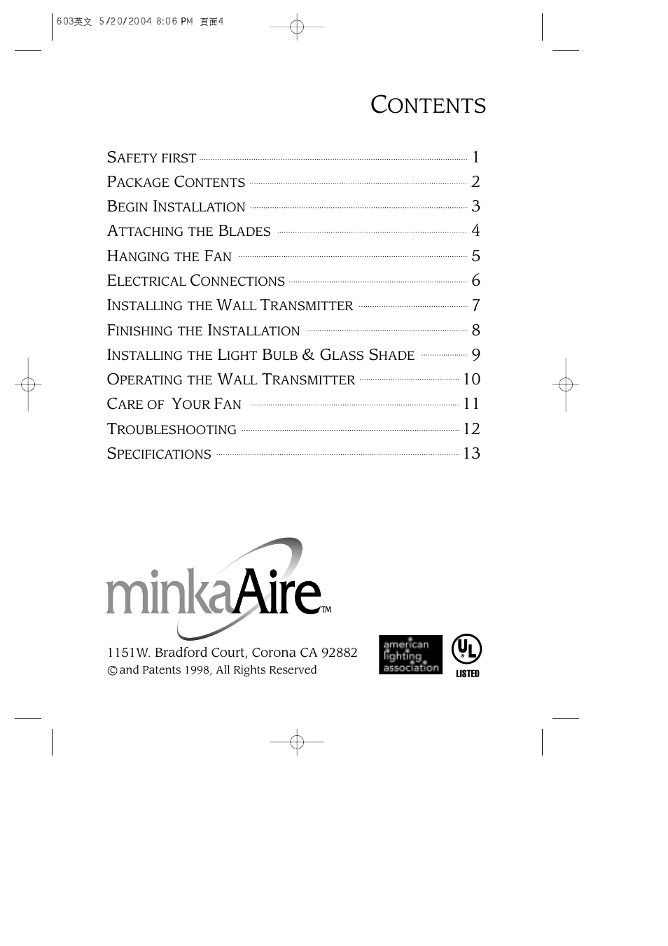 Ontents, 10 c, 11 t | 12 s | Minka Group F603-BN User Manual | Page 3 / 15