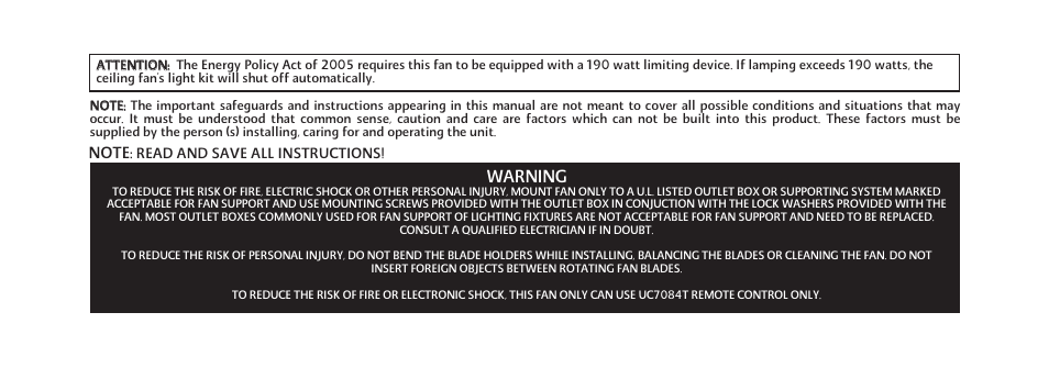 Warning | Minka Group F888-WHF User Manual | Page 7 / 26