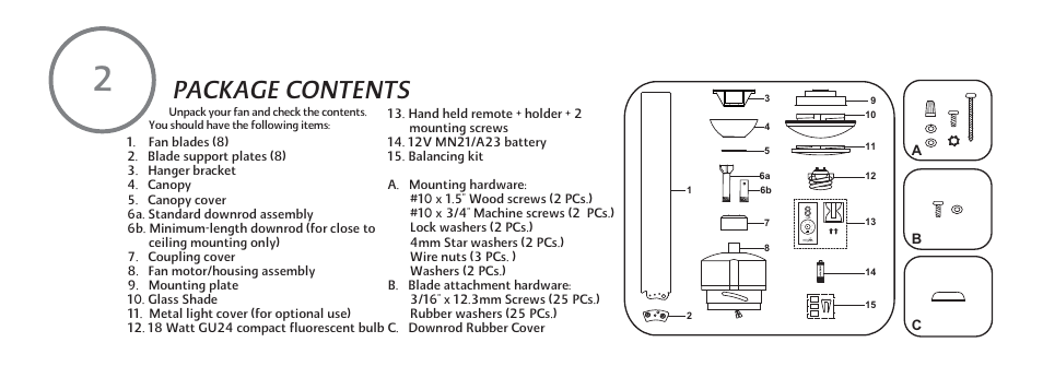 Package contents | Minka Group F888-WHF User Manual | Page 8 / 26