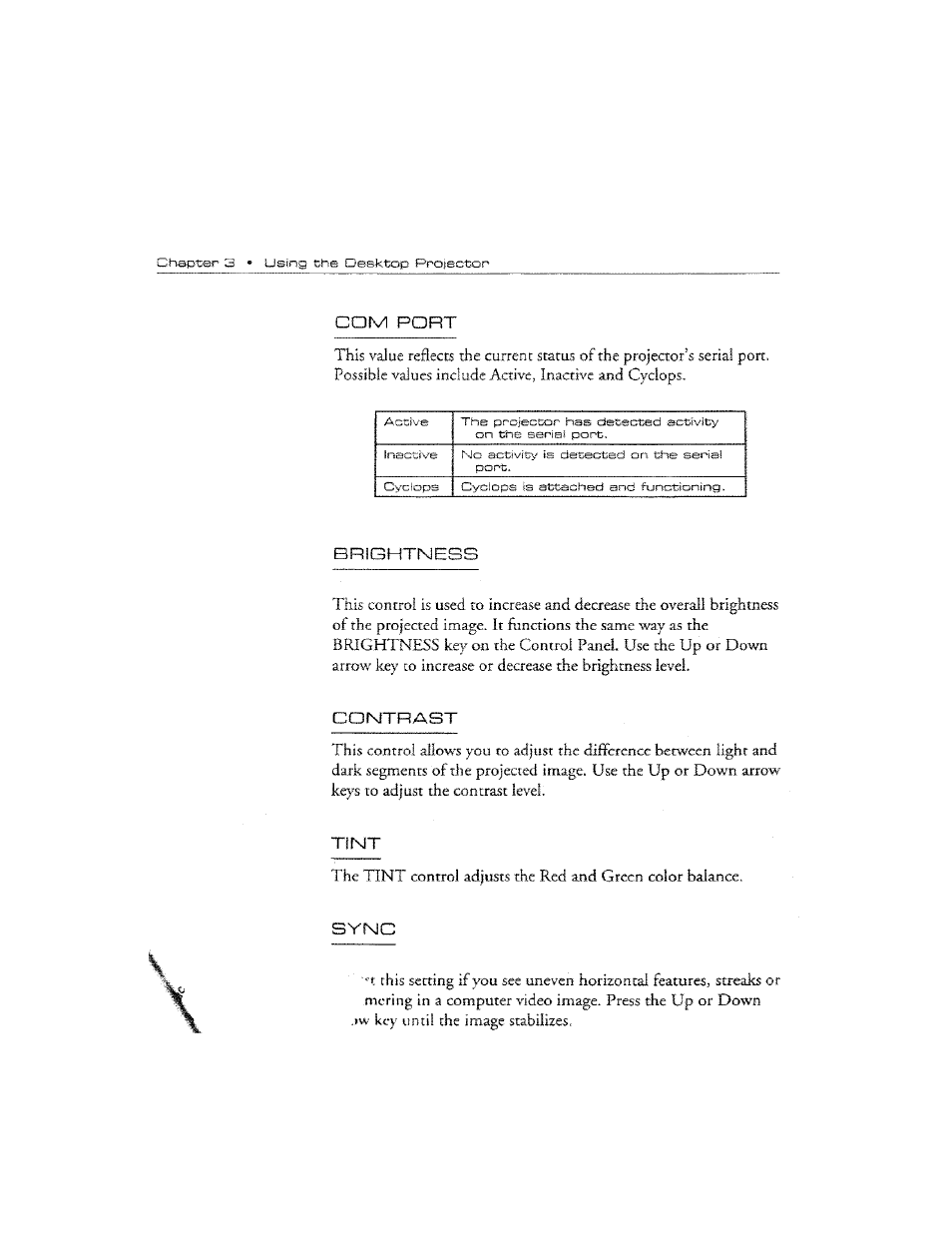 Com port, Brightness, Contrast | Tint, Sync, Brightness -6, Contrast -6, Tint -6 | Ask Proxima DP2300 User Manual | Page 42 / 71