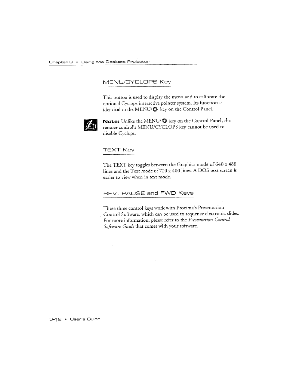 Menu/cyclops key, Text key, Rev. pause and fwd keys | Menu/0(ctclops) key -2, Text key.................. .' -12, Rev, pause and fwd keys -12 | Ask Proxima DP2300 User Manual | Page 48 / 71