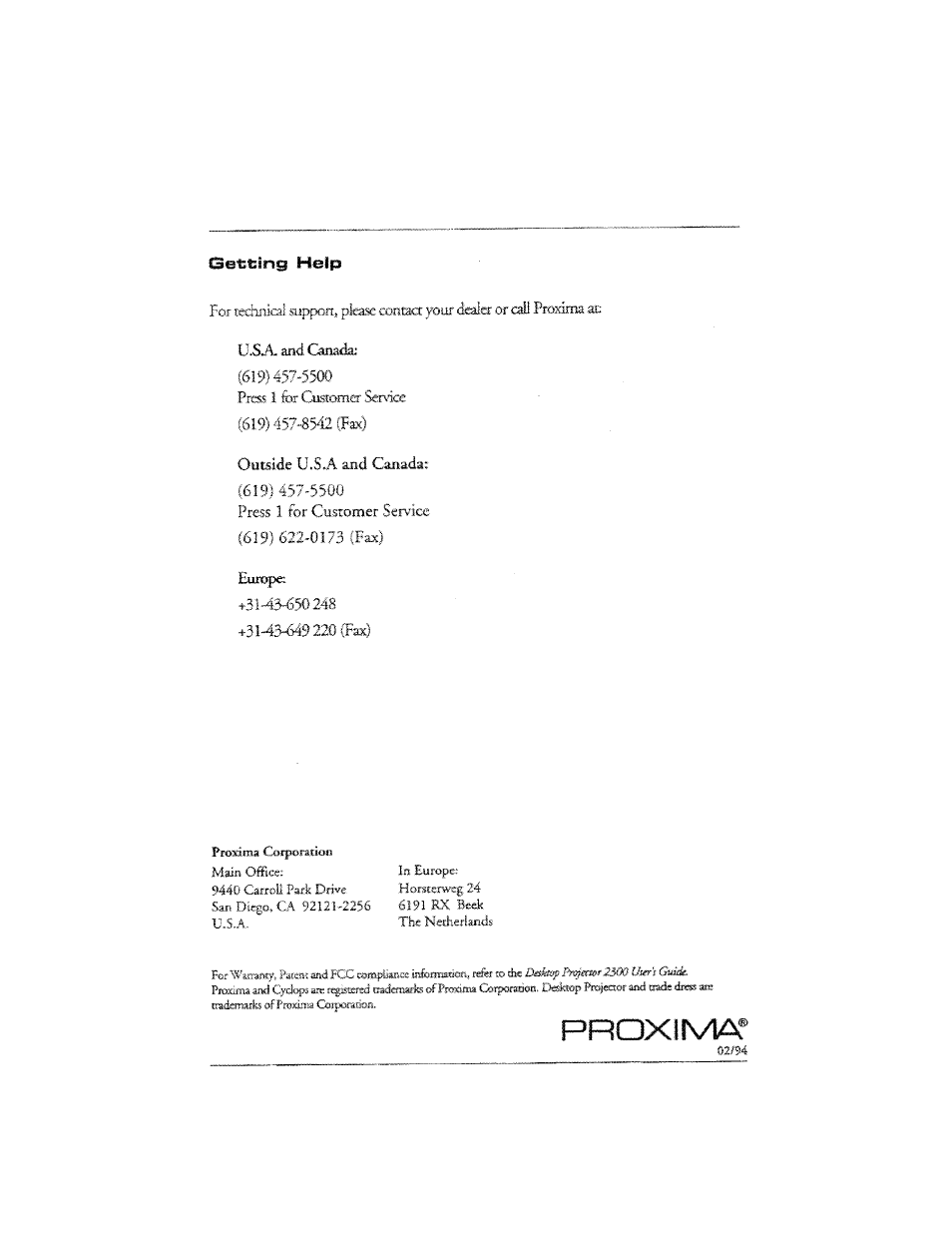 Getting help, Proxima | Ask Proxima DP2300 User Manual | Page 6 / 71