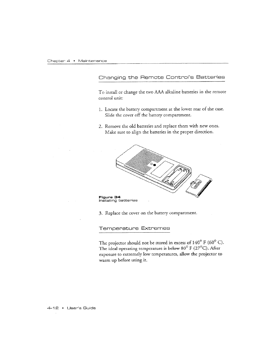 Changing the remote controi’s batteries, Temperature extremes, Changing the remote control’s batteries -12 | Temperature extremes —12 | Ask Proxima DP2300 User Manual | Page 60 / 71
