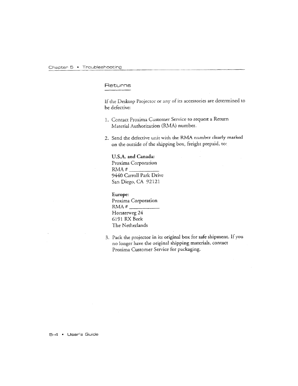 Returns | Ask Proxima DP2300 User Manual | Page 64 / 71